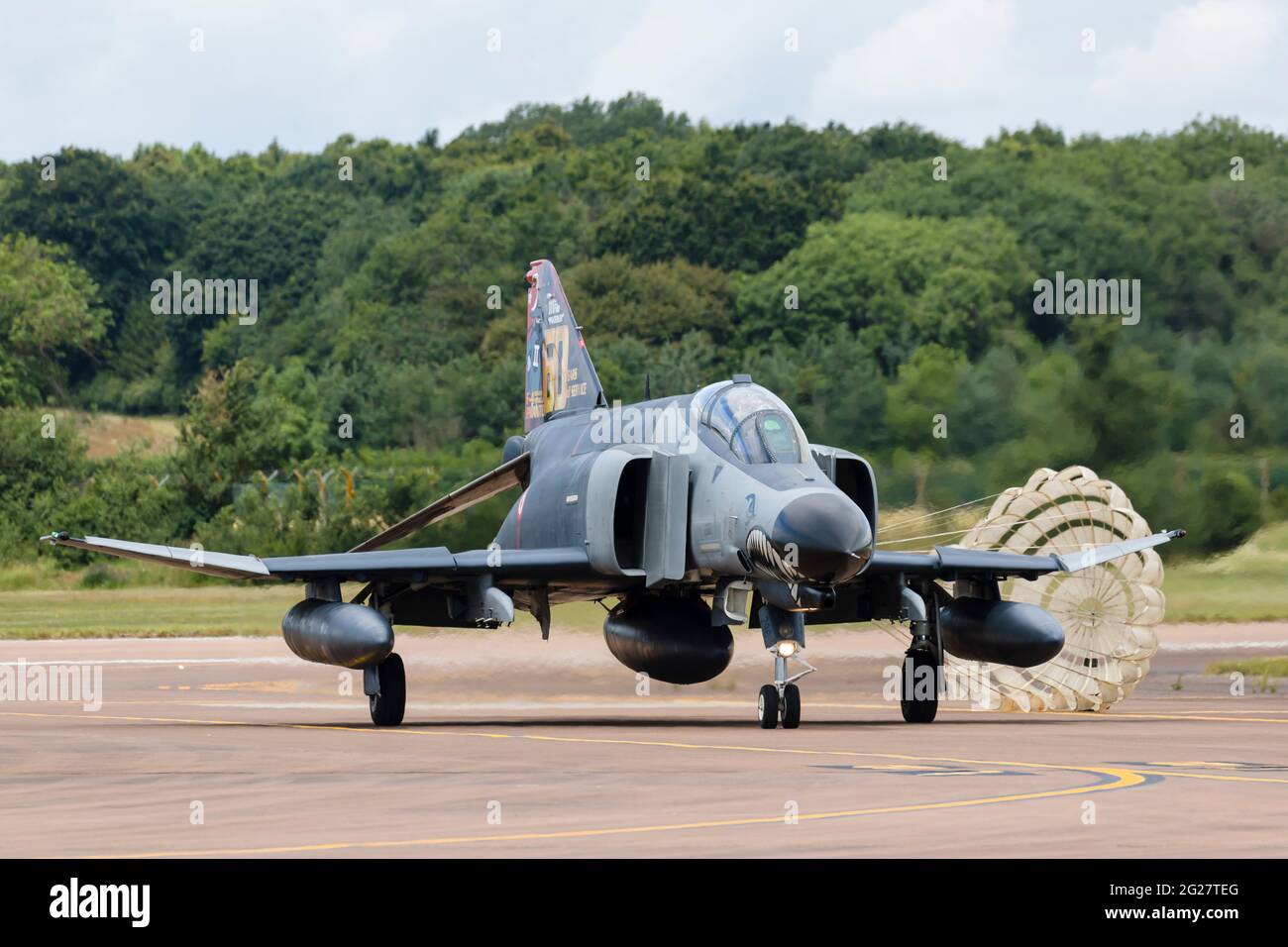 A Turkish Air Force F-4E Phantom II taxis in after landing. Stock Photo