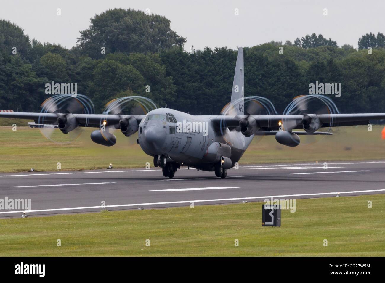 A Royal Dutch Air Force C-130 Hercules taking off. Stock Photo