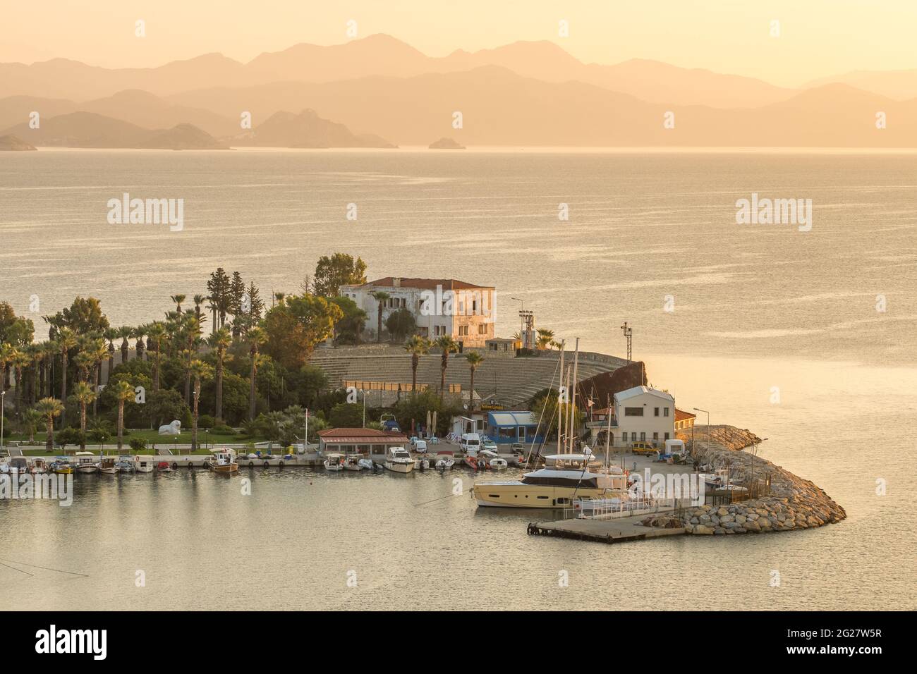 Datca town harbour at sunrise, Mugla, Turkey Stock Photo