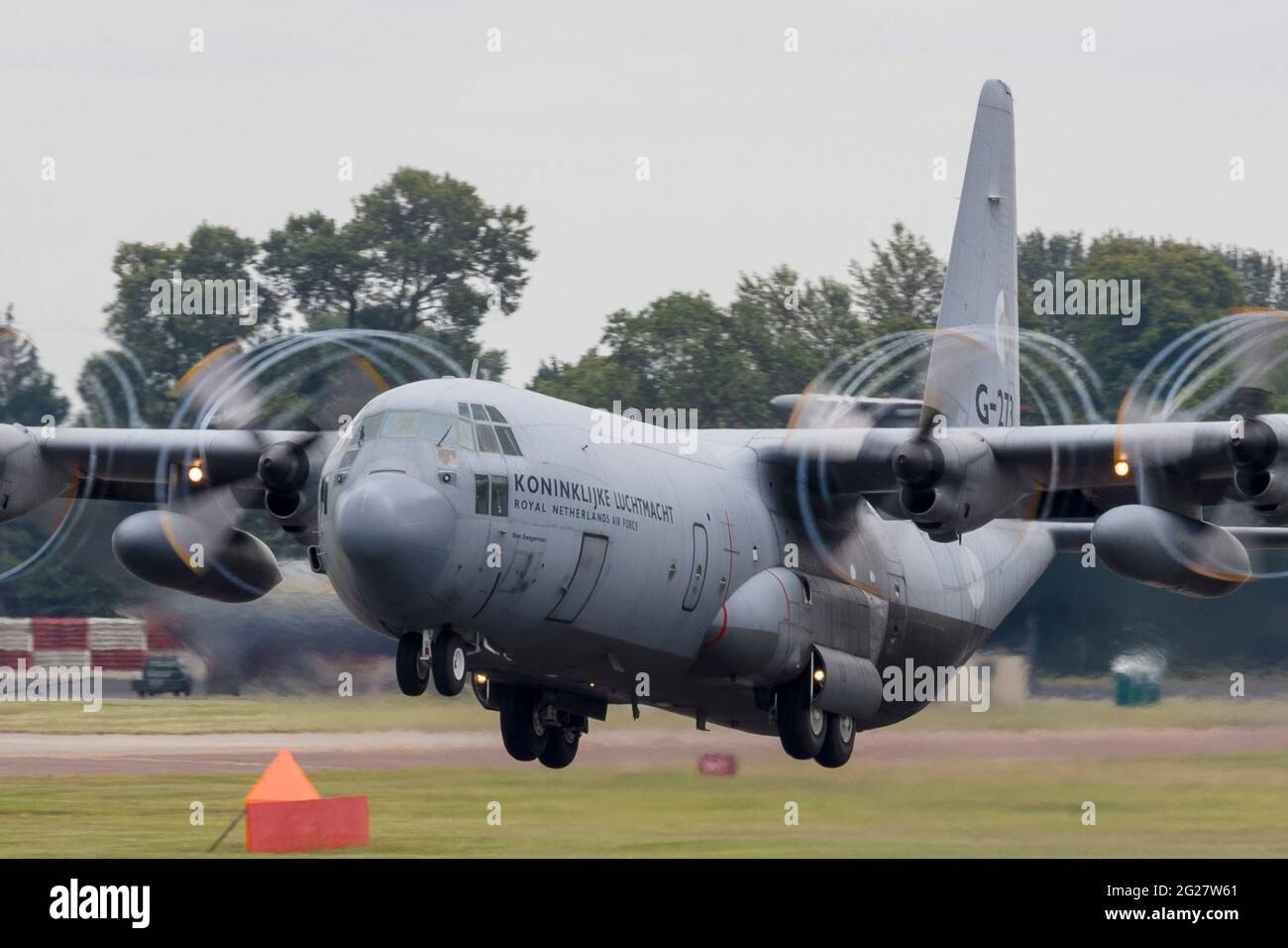 A Royal Dutch Air Force C-130 Hercules taking off. Stock Photo