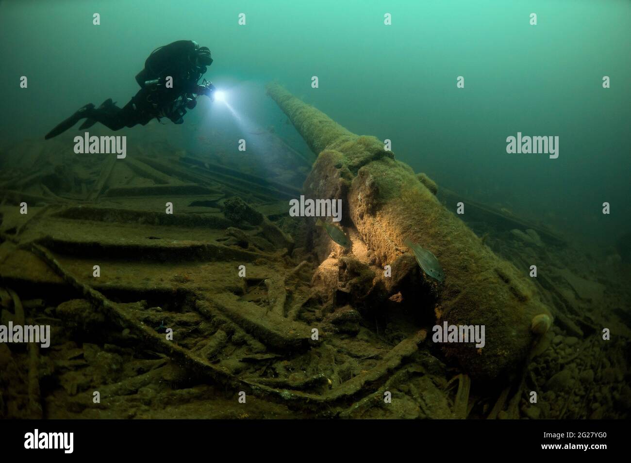 Diver exploring the wreck of the SS Laurentic ocean liner sunk during WW1. Stock Photo