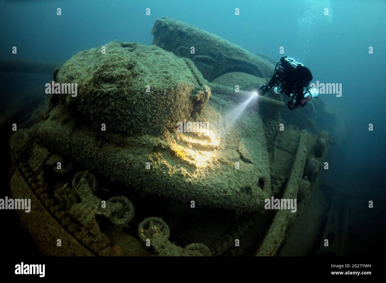 Diver exploring the SS Empire Heritage shipwreck. Stock Photo