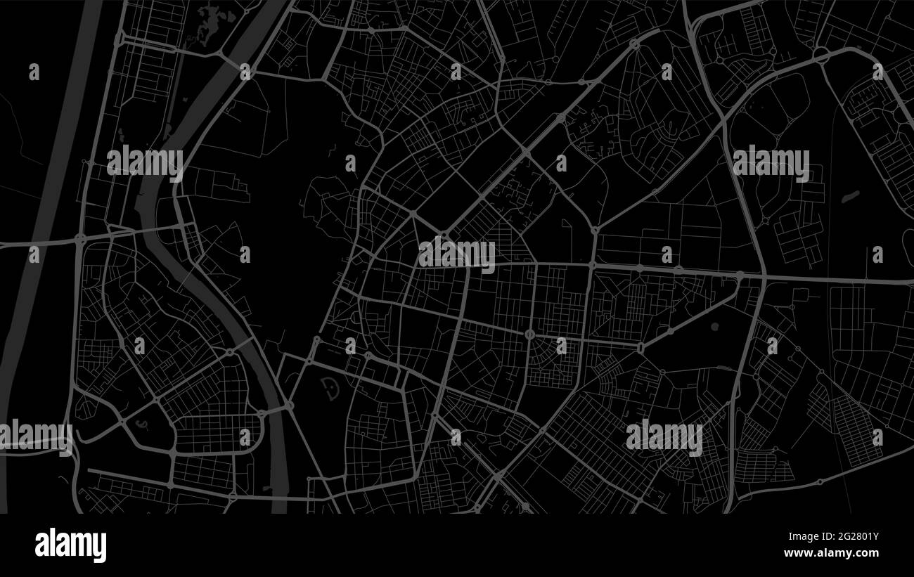 Black and dark grey Seville City area vector background map, streets and water cartography illustration. Widescreen proportion, digital flat design st Stock Vector
