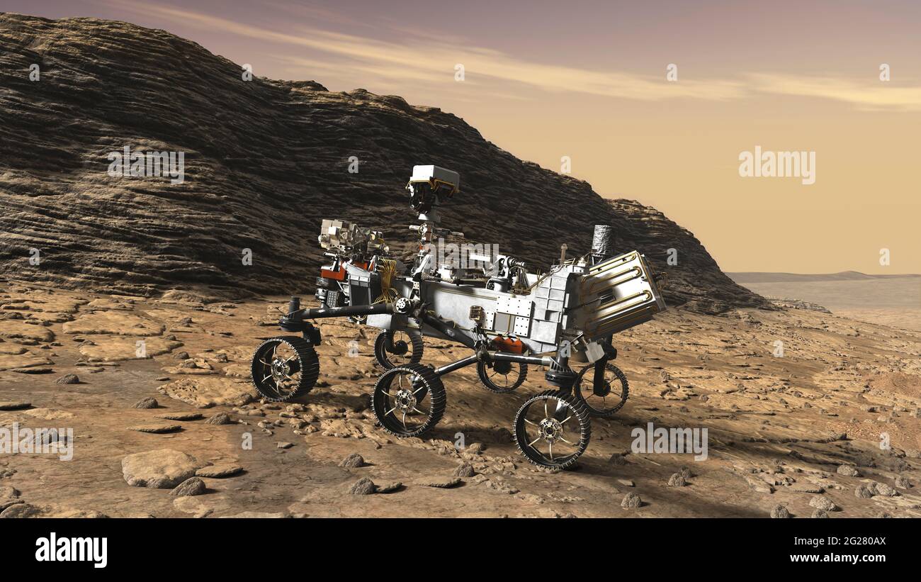 Artist's concept of the Perseverance rover studying an outcrop. Stock Photo