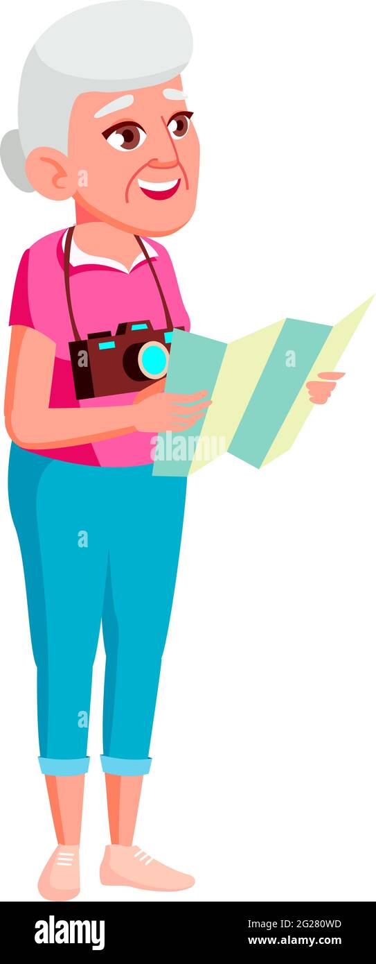elderly woman tourist with photo camera searching monument on guide map ...