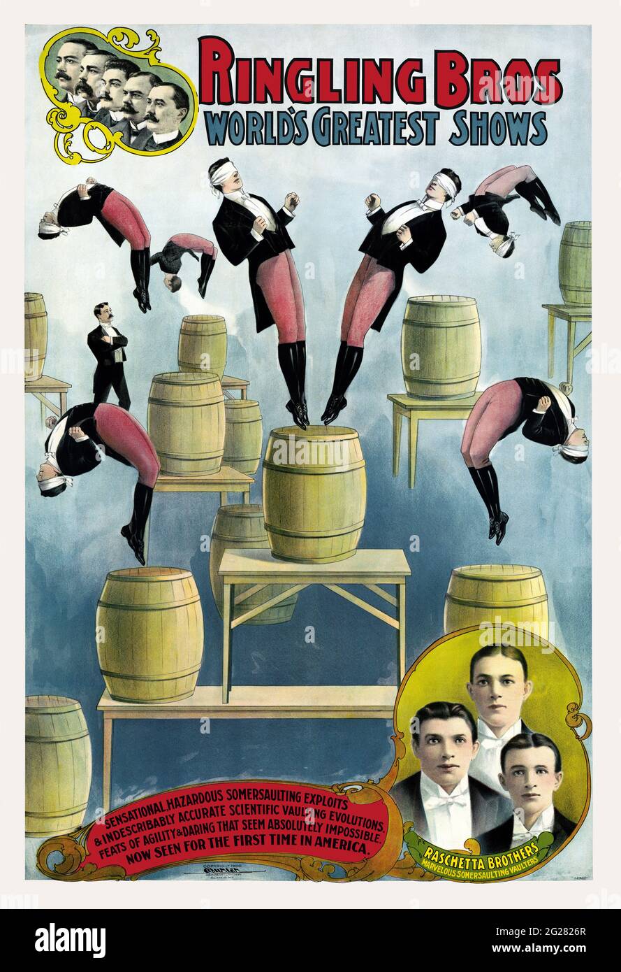 Vintage Ringling Bros. circus poster showing the Raschetta brothers and somersaulting vaulters. Stock Photo