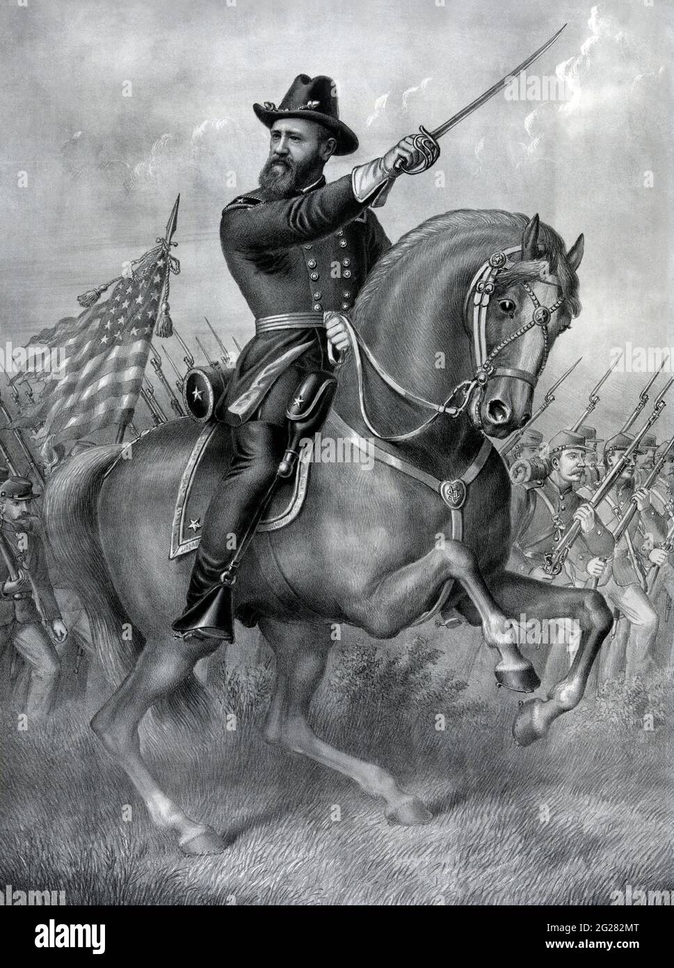 General Benjamin Harrison on horseback, leading a brigade of soldiers during the Battle of Resaca. Stock Photo