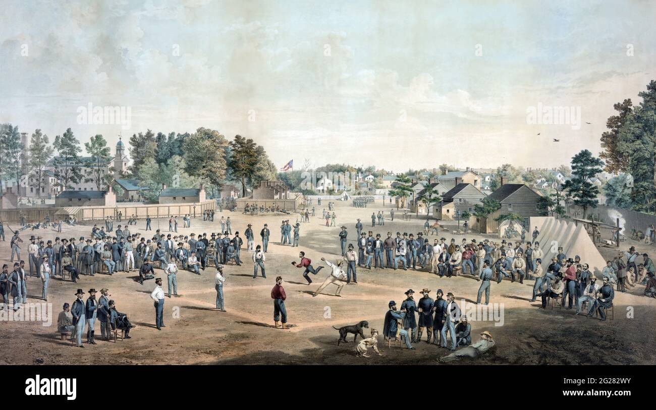 Union prisoners playing baseball at Salisbury, North Carolina, circa 1863. Stock Photo