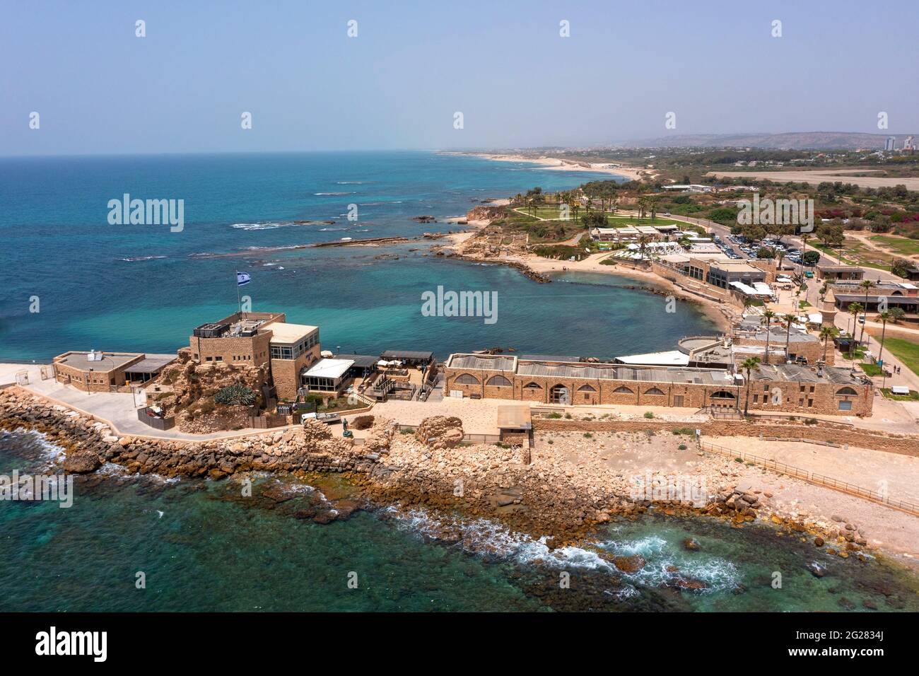 Caesarea ancient port, built by Herod the great, Aerial view. Stock Photo