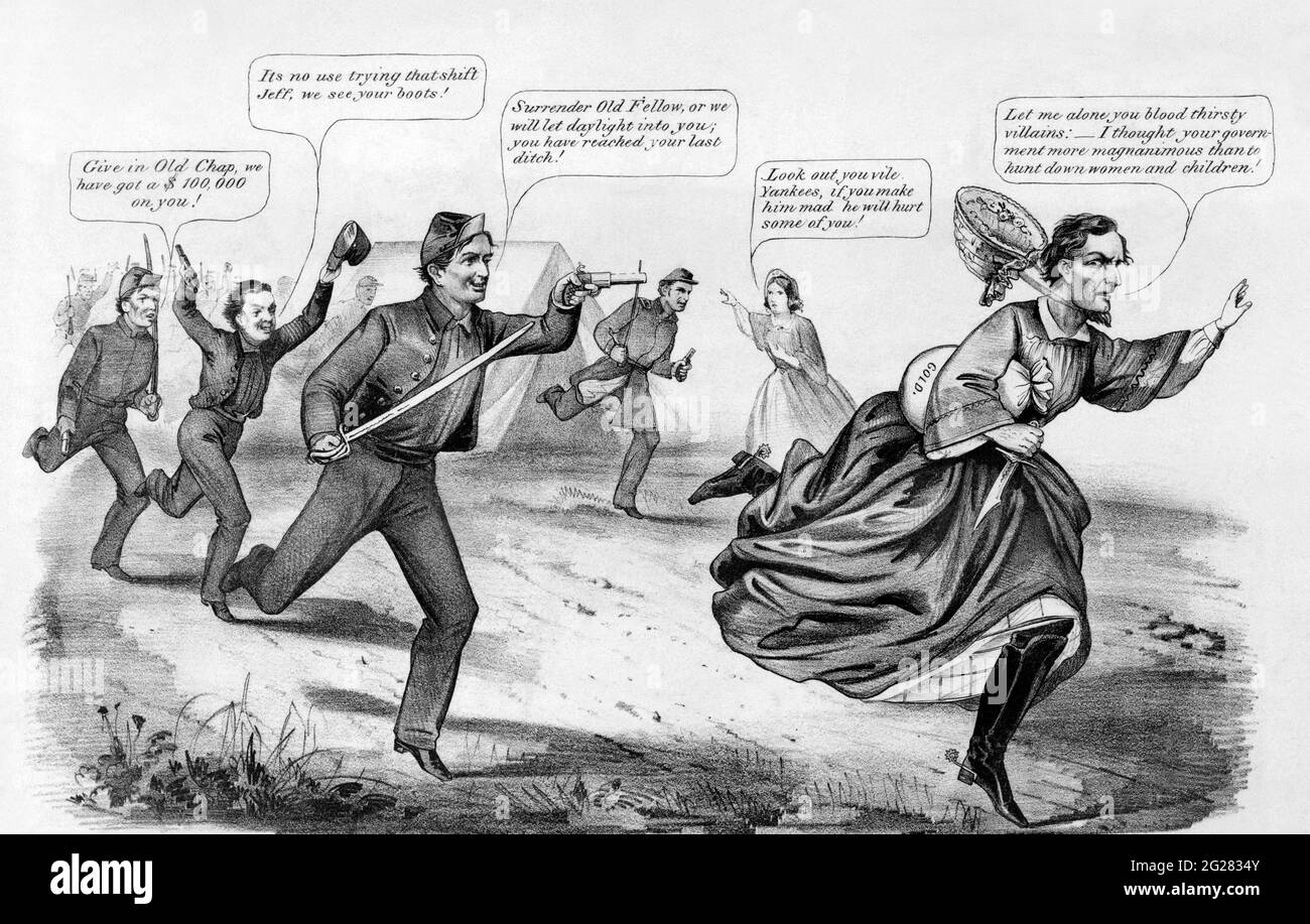 Caricature showing Jefferson Davis in female clothing and holding a bag of gold, pursued by Union soldiers, circa 1865. Stock Photo