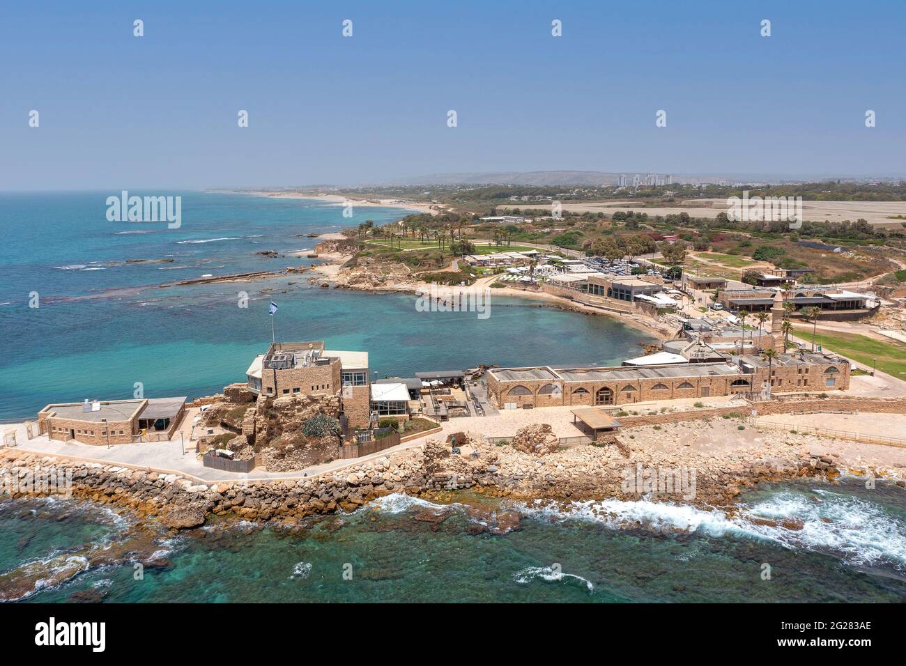 Caesarea ancient port, built by Herod the great, Aerial view. Stock Photo