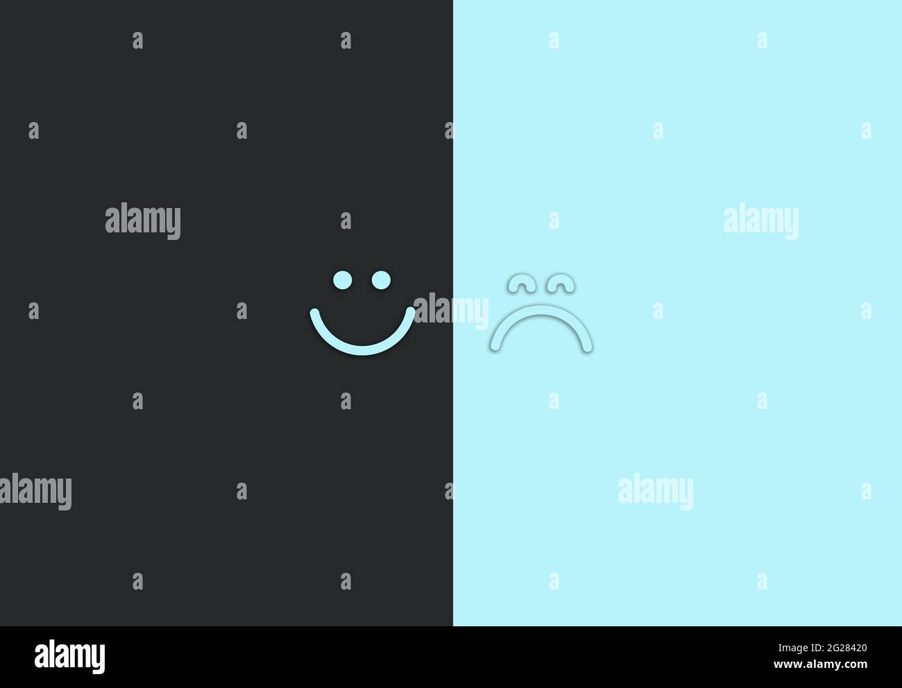 Optimism and pessimism concept. Sad and smiley face in different background color. Concept Stock Photo