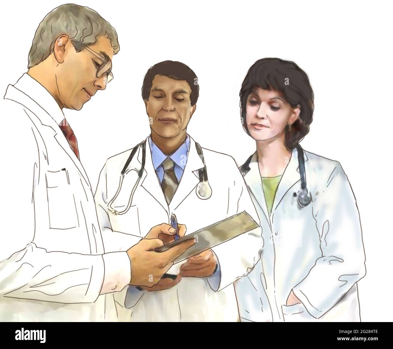 Three healthcare workers discussing a patient's chart Stock Photo Alamy