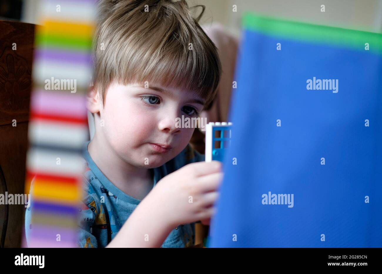 young 3 year old boy playing with lego bricks in home interior. norfolk, england Stock Photo