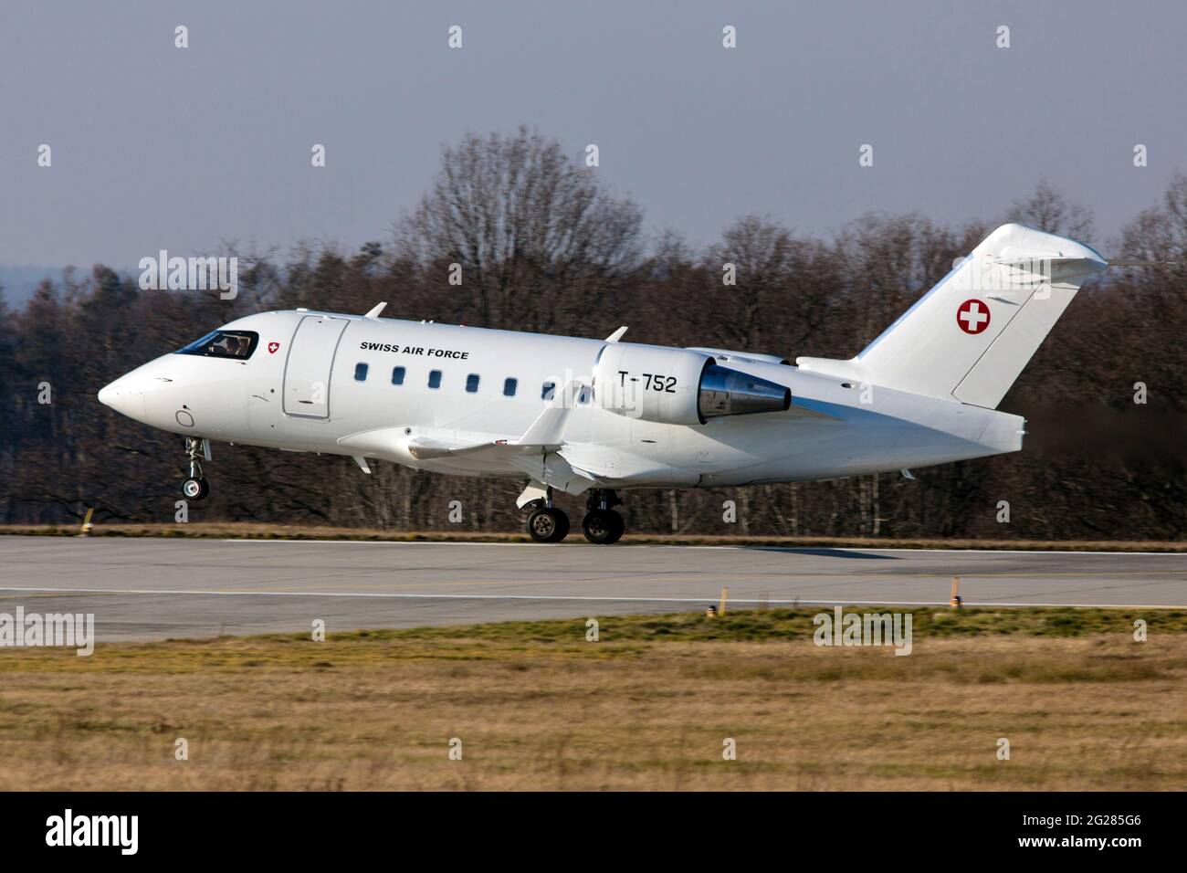 Swiss Air Force Challenger VIP jet taking off, Dresden, Germany. Stock Photo