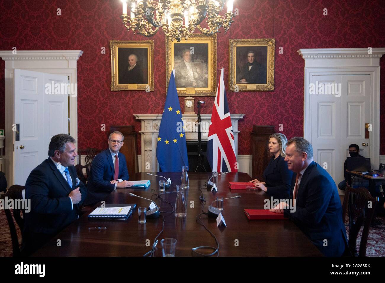 Brexit minister Lord Frost, flanked by Paymaster General Penny Mordaunt, sitting opposite European Commission vice president Maros Sefcovic, who is flanked by Principal Adviser, Service for the EU-UK Agreements (UKS) Richard Szostak, as he chairs the first EU-UK partnership council at Admiralty House in London. Picture date: Wednesday June 9, 2021. Stock Photo