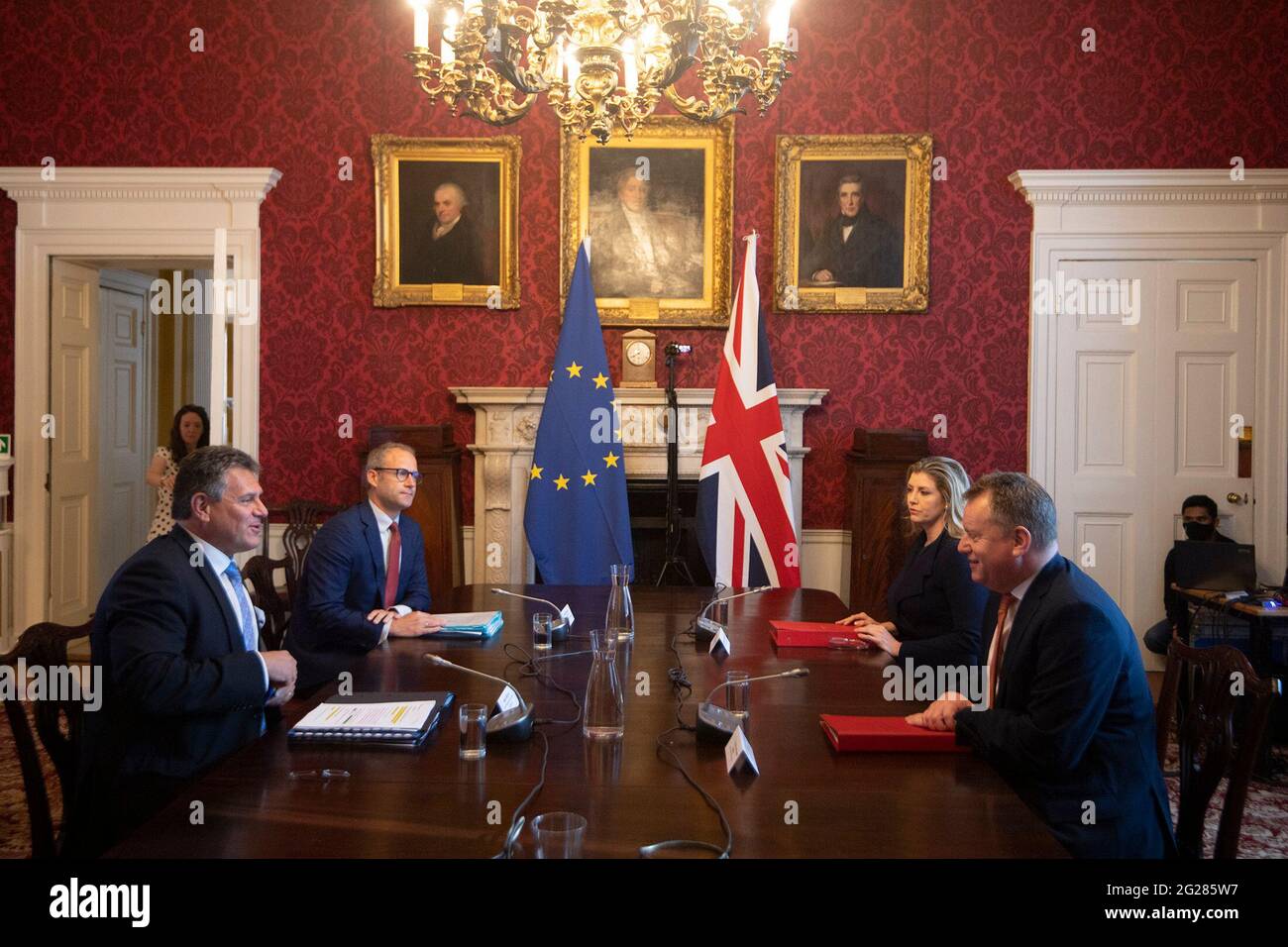 Brexit minister Lord Frost, flanked by Paymaster General Penny Mordaunt, sitting opposite European Commission vice president Maros Sefcovic, who is flanked by Principal Adviser, Service for the EU-UK Agreements (UKS) Richard Szostak, as he chairs the first EU-UK partnership council at Admiralty House in London. Picture date: Wednesday June 9, 2021. Stock Photo