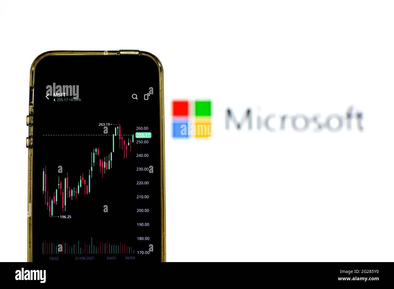 Barcelona, Catalonia, Spain. 8th June, 2021. In this photo illustration, Microsoft stock market information seen displayed on a smartphone with the Microsoft logo on the background. Credit: Thiago Prudencio/DAX/ZUMA Wire/Alamy Live News Stock Photo