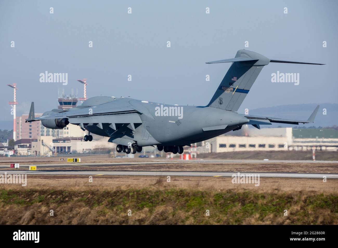 U.S. Air Force C-17 Globemaster of the Mississippi Air National Guard, Ramstein, Germany. Stock Photo