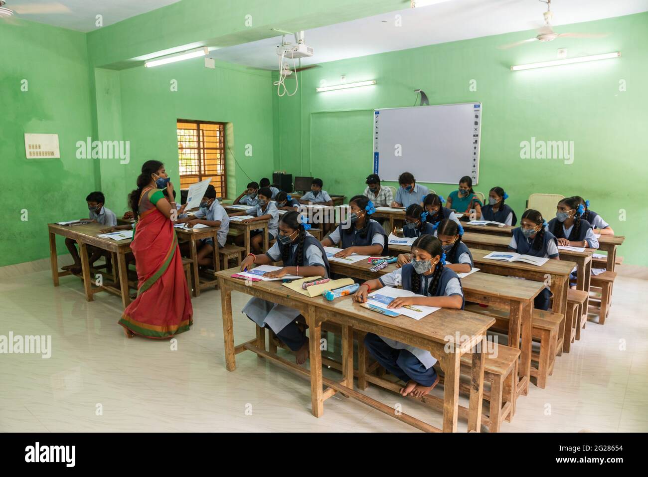 Tamil Nadu, India - April 2021: Primary school classroom during corona Stock Photo