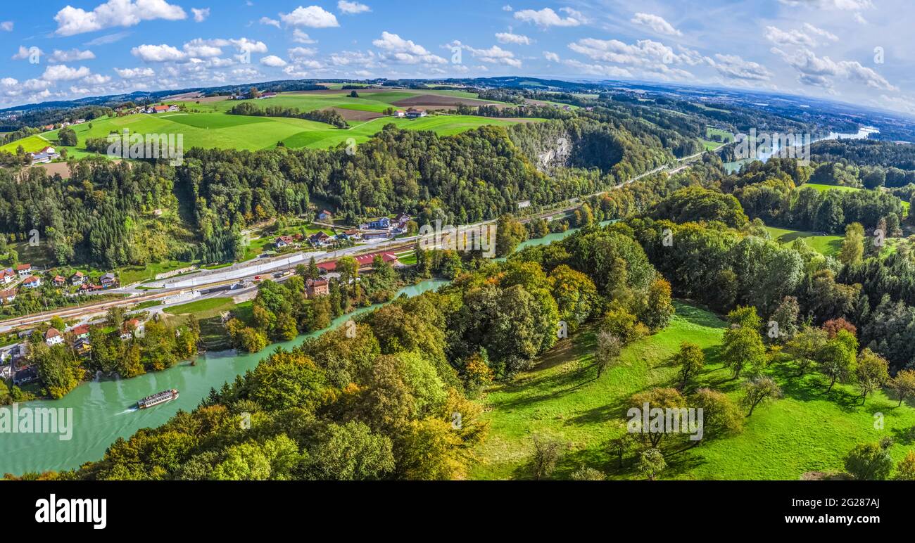 View of the Inn valley in the Donau-Wald region in the district of Passau, on the border with (Upper) Austria. Stock Photo