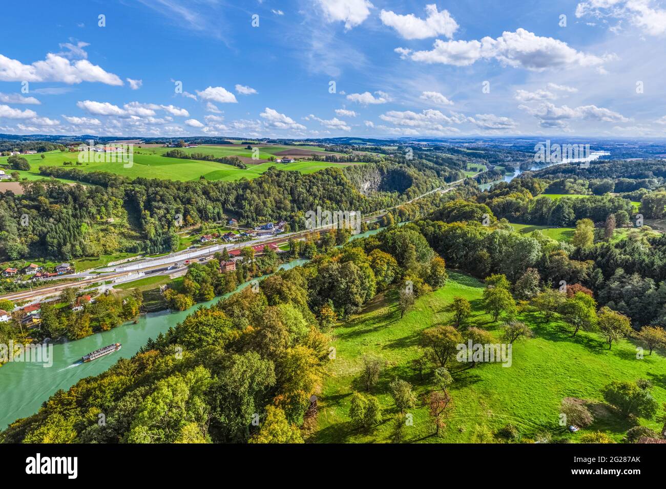View of the Inn valley in the Donau-Wald region in the district of Passau, on the border with (Upper) Austria. Stock Photo