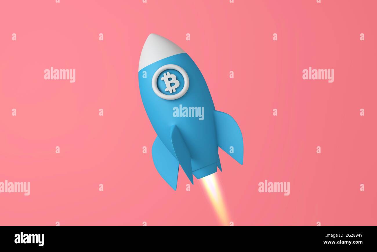 Bitcoin cryptocurrency rocket taking off to the moon. 3D Rendering Stock  Photo - Alamy