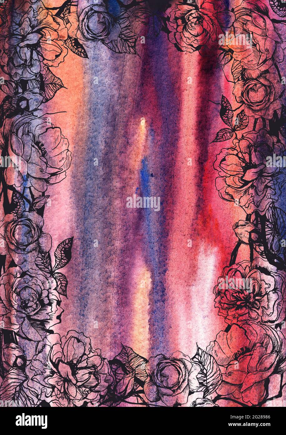 Hand drawn floral vertical square frame with graphic roses flowers on