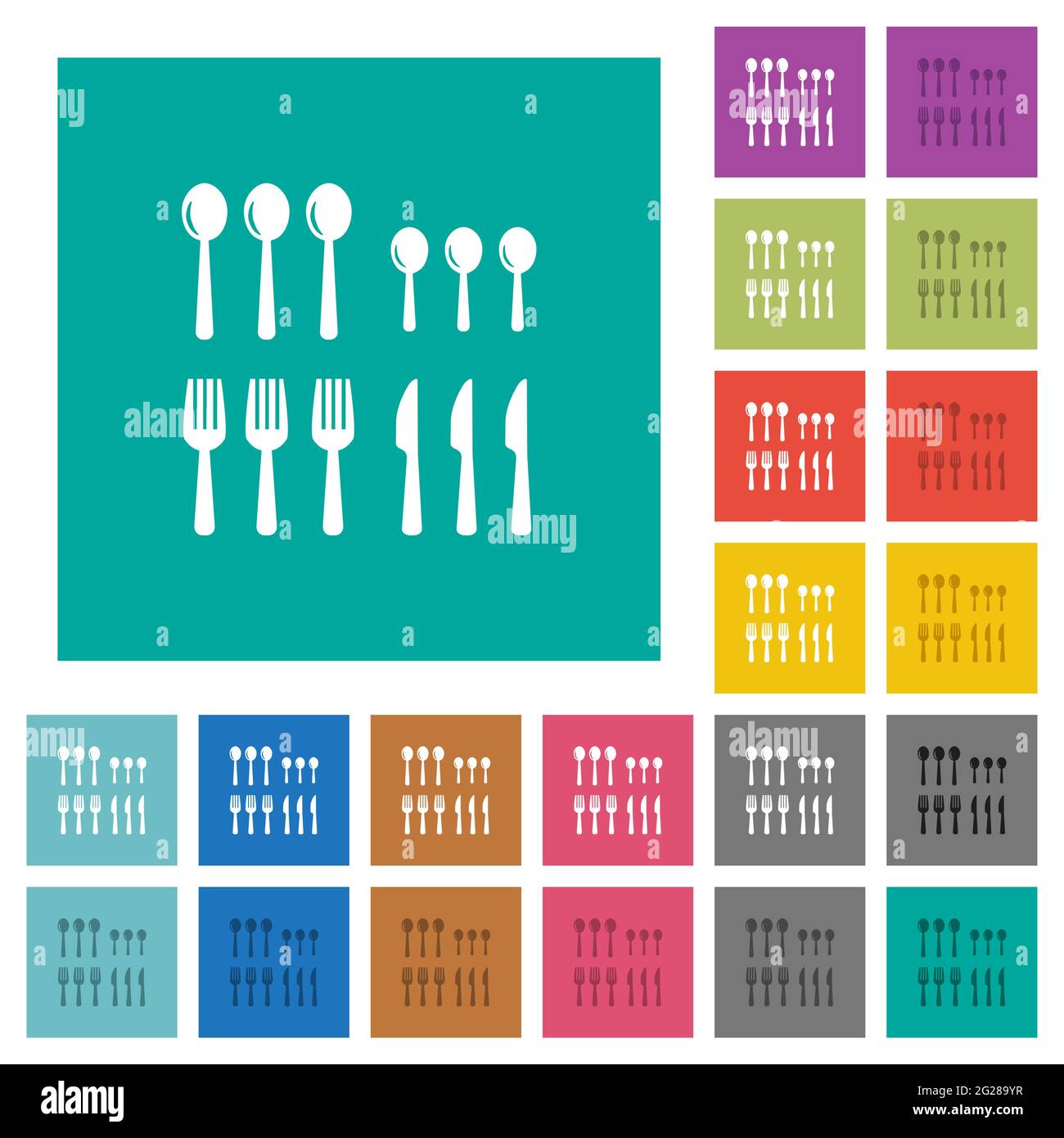Flatware multi colored flat icons on plain square backgrounds. Included white and darker icon variations for hover or active effects. Stock Vector