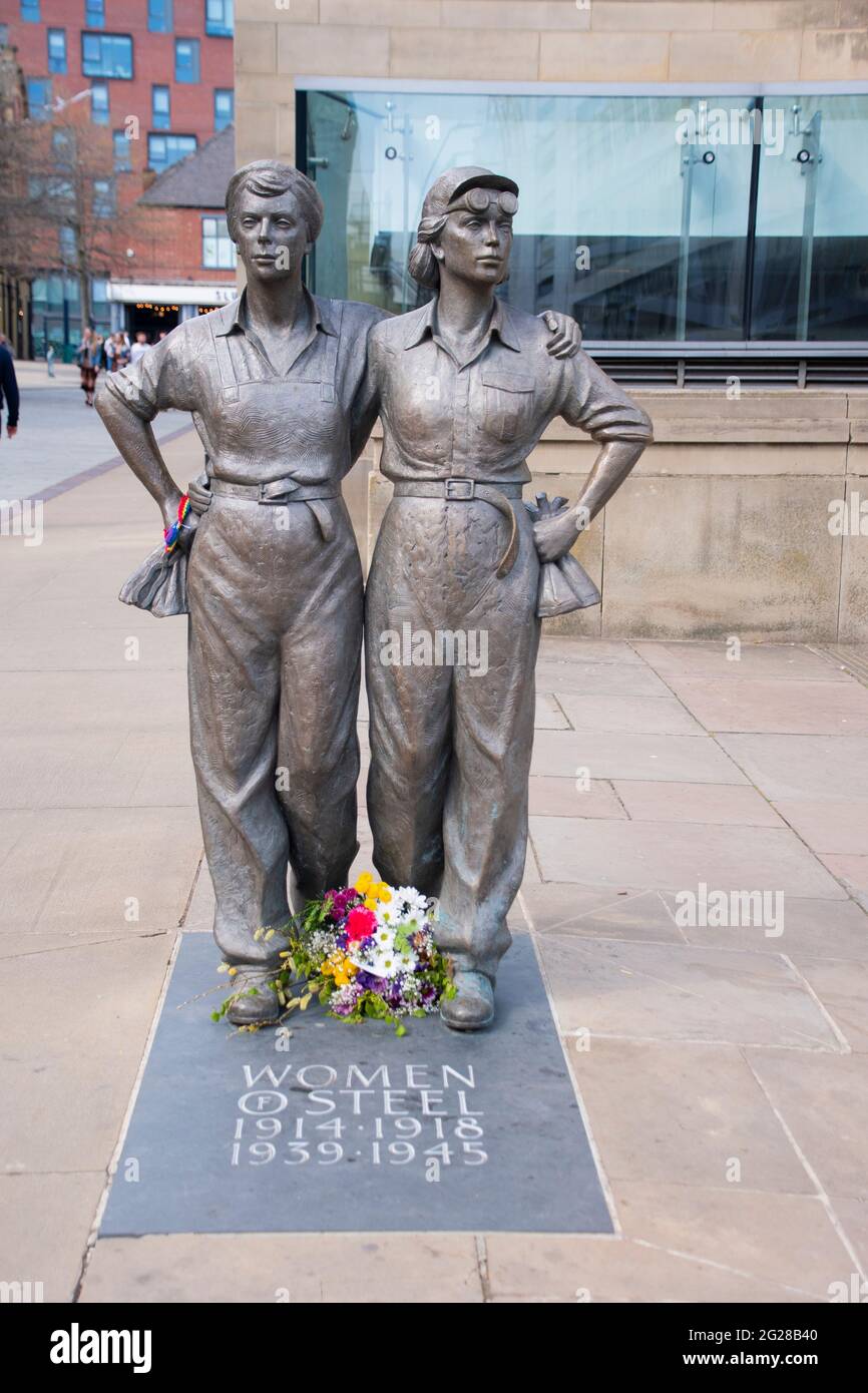 Sheffield UK: 17th April 2021: The iconic Women of Steel statue outside Sheffield City Hall, Barkers Pool Stock Photo