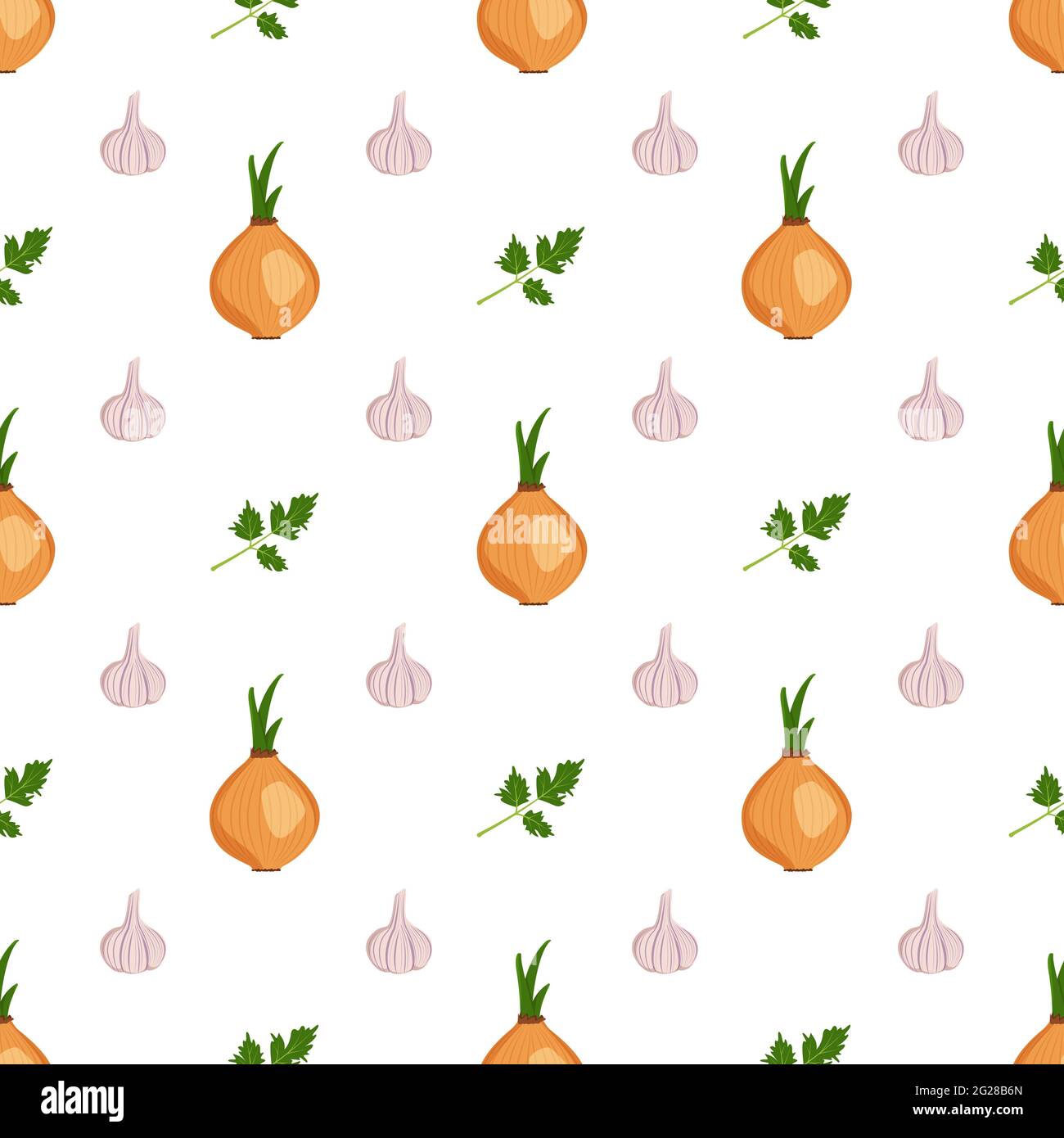 Cute seamless pattern with garlic, onion and parsley herbs Stock Vector