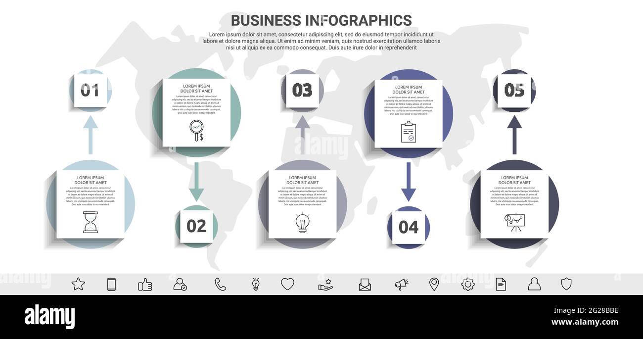 Minimal infographics with five square elements or circles. Modern visualization of 5 step by step timeline concept. Flat template for presentations Stock Vector