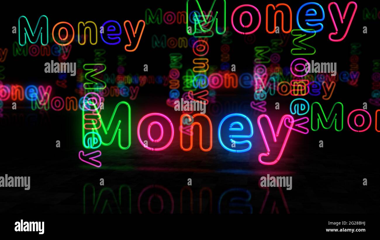 Money neon symbol. Light color bulbs with retro nightlife city business club sign. Abstract concept 3d illustration. Stock Photo