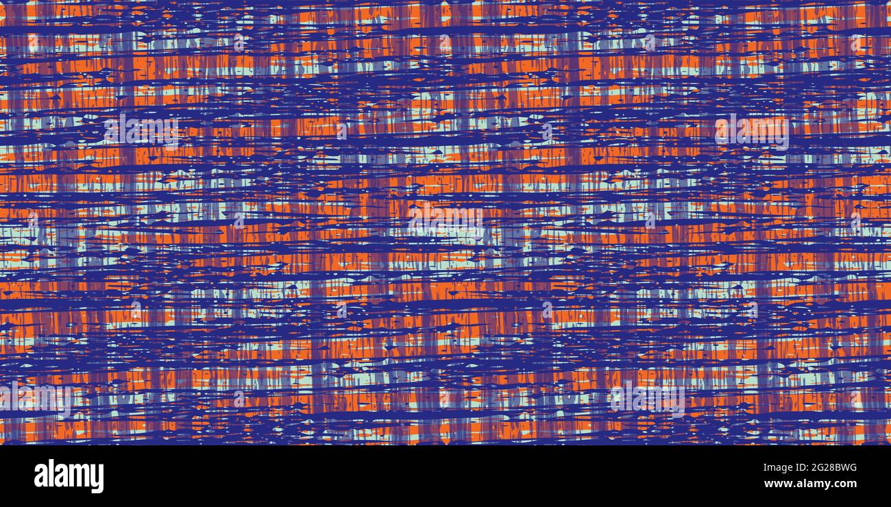 Abstract painterly flame stitch weave vector seamless border background. Banner with indigo blue red blended irregular lines. Layered ink paint effect Stock Vector