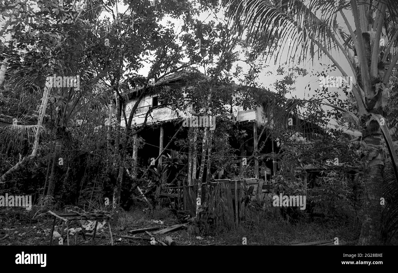 Sungai Uluk Palin, Kapuas Hulu, West Kalimantan, Indonesia. March 2007. The longhouse of Dayak Tamambaloh traditional community.--Photographed on black and white film, scanned, digitalized. Stock Photo