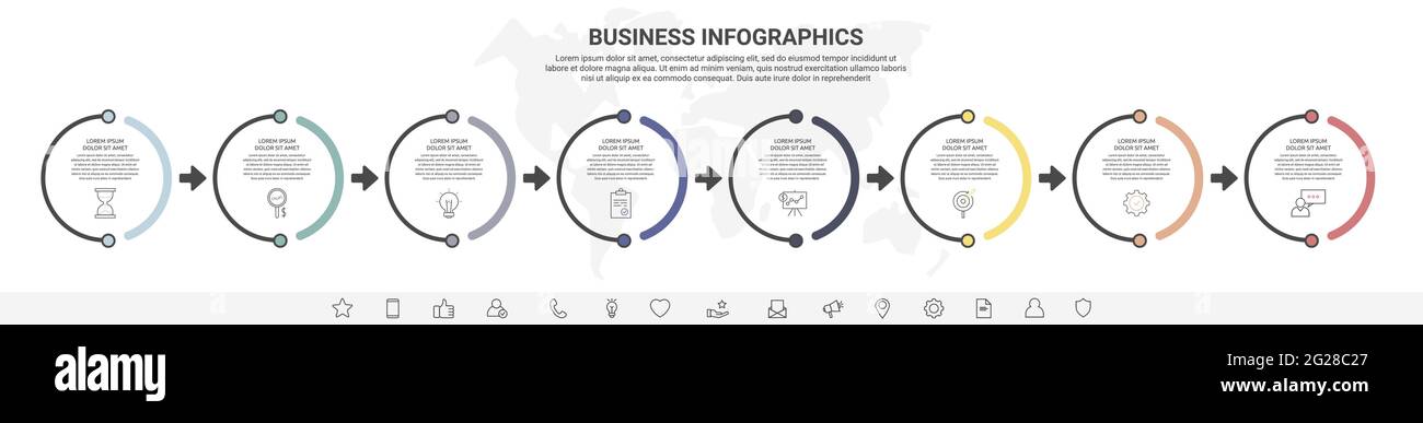 Vector infographics eight circles with arrows. Line business concept of ...