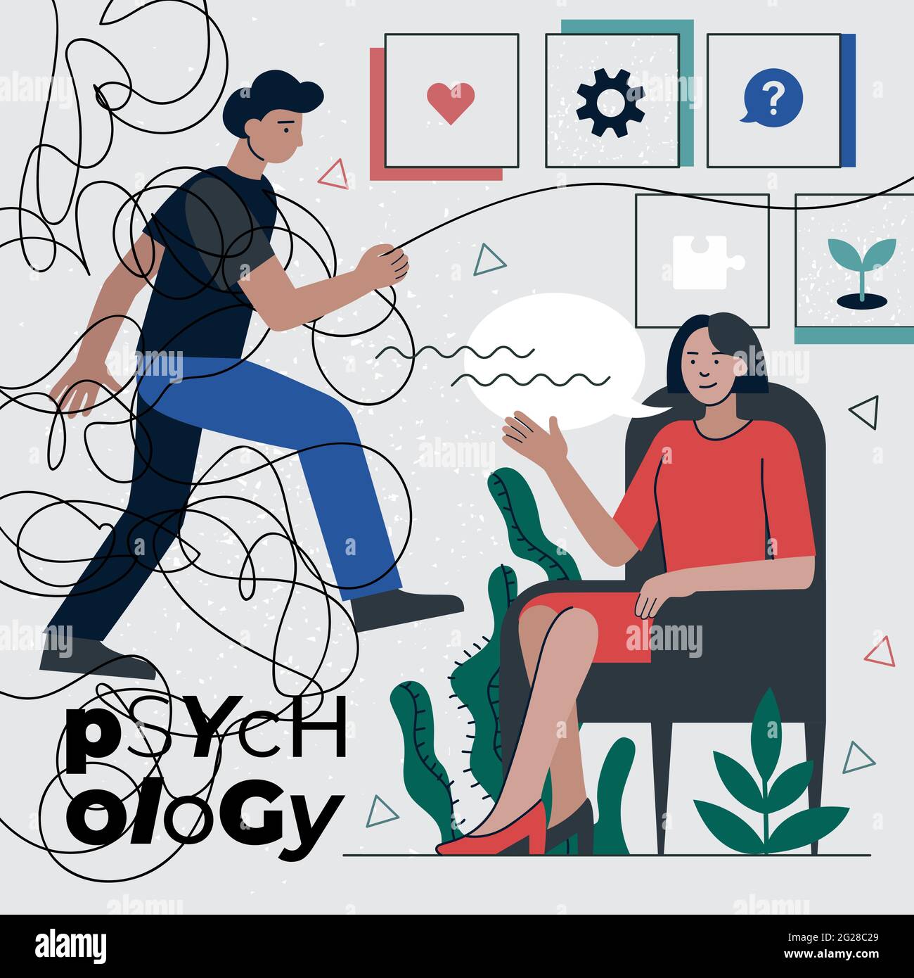 Psychotherapist counseling mental health problems man. Psychotherapy solution psychological disorder practice. Psychologist woman therapy session and patient with stress. Depression psychiatrist help Stock Vector