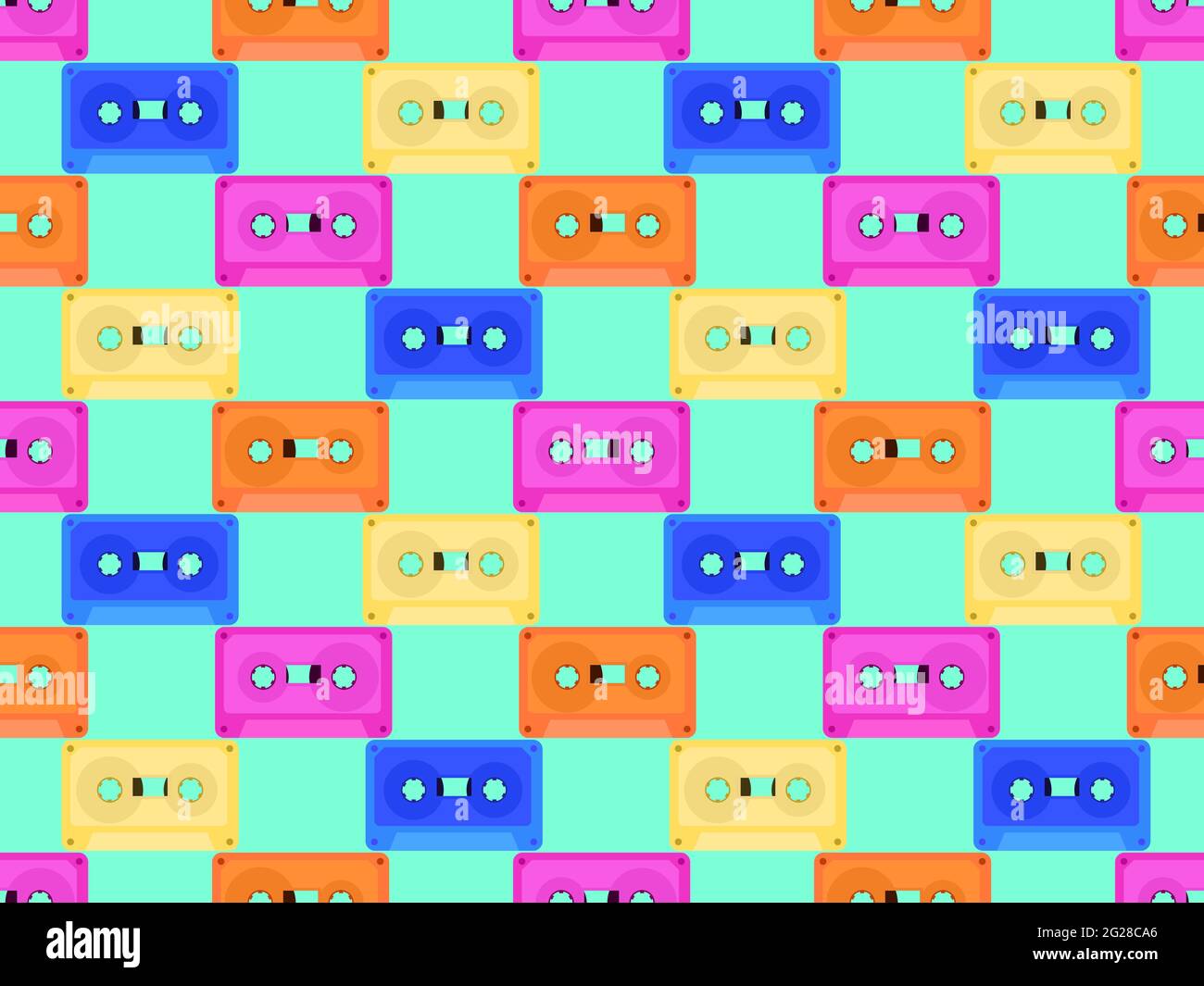 Cassette tapes seamless pattern. Music cassettes for music tape recorders of the 70s 90s