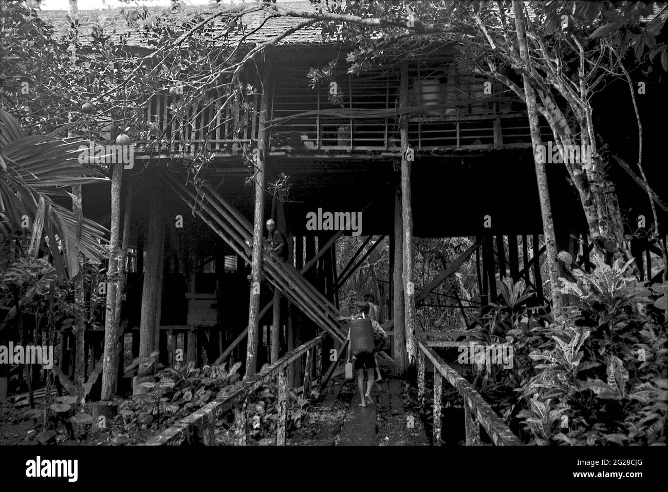 Sungai Uluk Palin, Kapuas Hulu, West Kalimantan, Indonesia. March 2007. The longhouse of Dayak Tamambaloh traditional community.--Photographed on black and white film, scanned, digitalized. Stock Photo