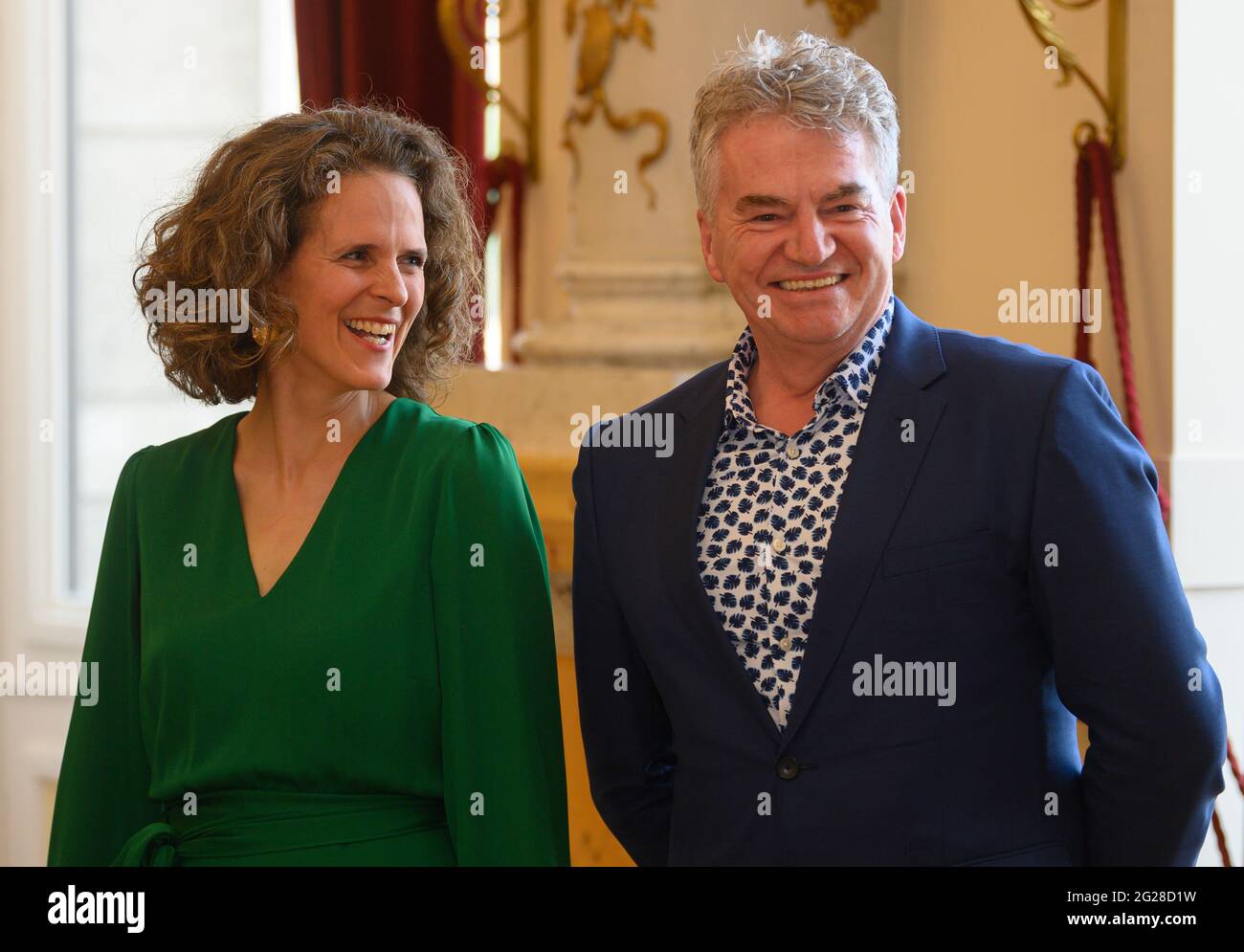 Dresden, Germany. 08th June, 2021. Nora Schmid (l), artistic director of the Graz Opera, stands next to Wolfgang Rothe, commercial director of the Semperoper, after a press conference at the Semperoper. The Swiss will take over as director of the Saxon State Opera Dresden from the 2024/2025 season. Credit: Robert Michael/dpa-Zentralbild/ZB/dpa/Alamy Live News Stock Photo