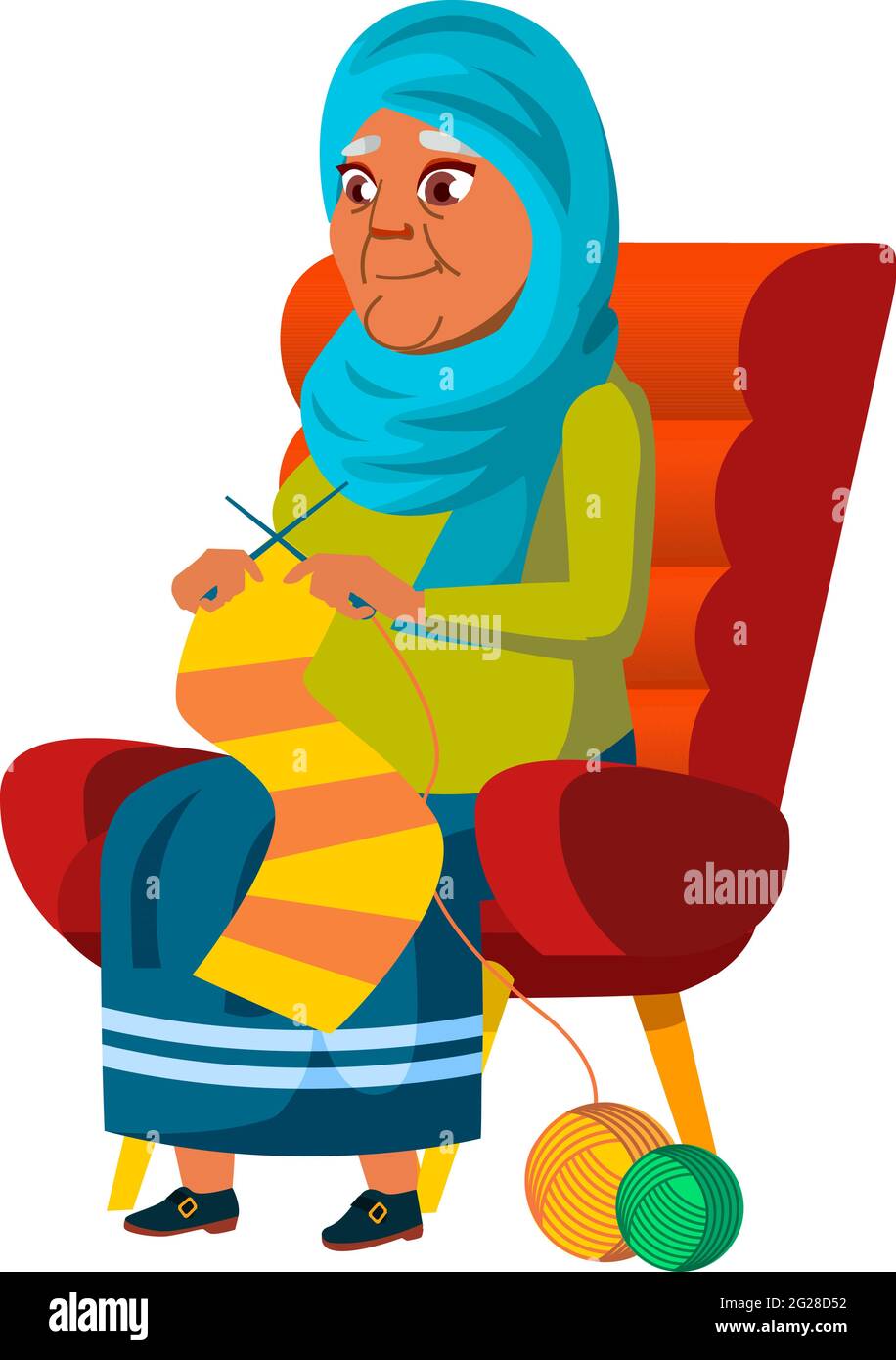 muslim old lady knitting scarf in living room cartoon vector Stock ...