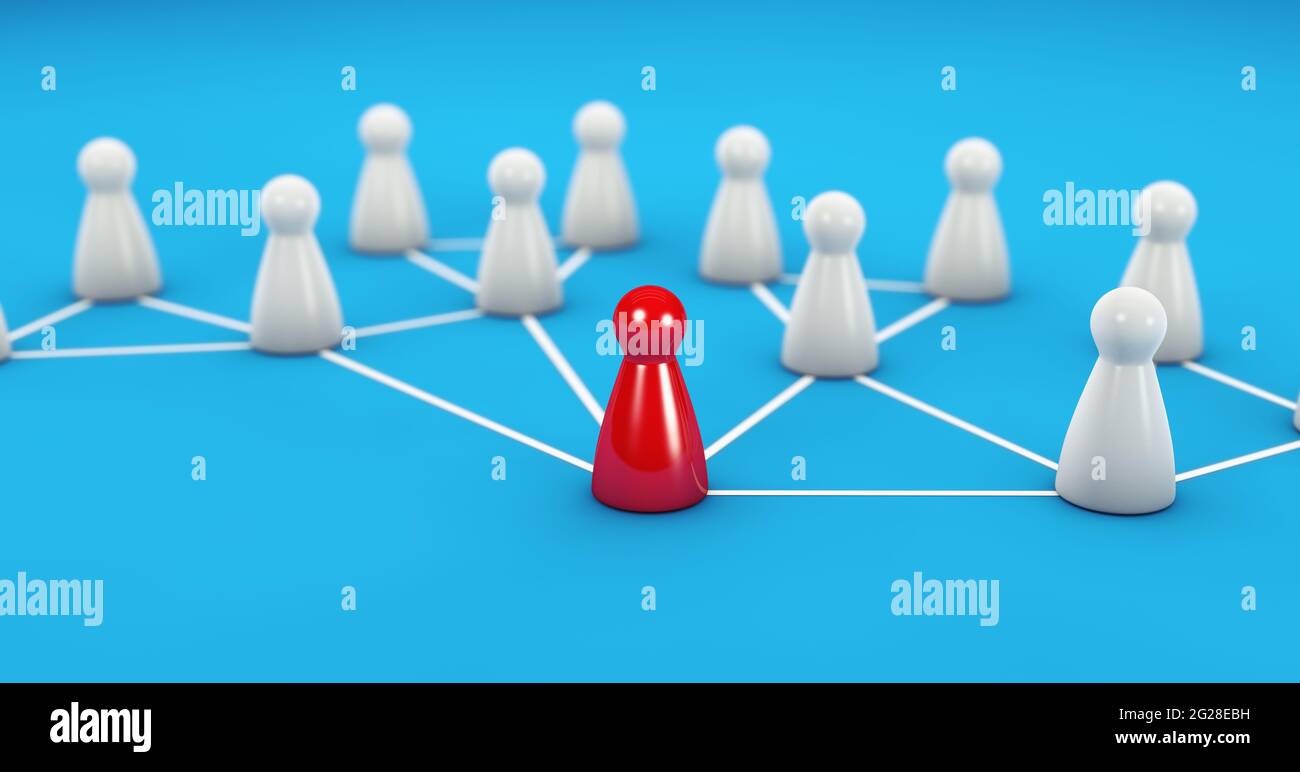Social network, digital online teamwork leadership and web community concept with a red leader or influencer marketing pawn and a group of white pawns Stock Photo