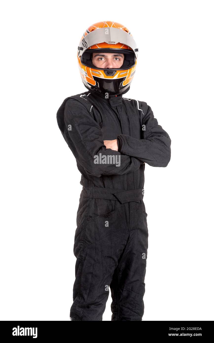 Racing driver posing with helmet isolated in white Stock Photo