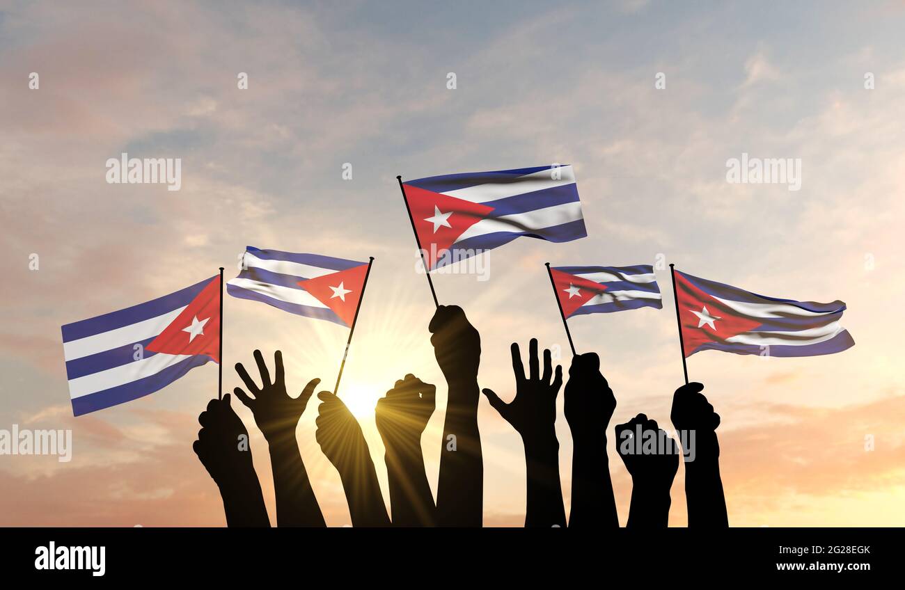 Silhouette of arms raised waving a Cuba flag with pride. 3D Rendering Stock Photo