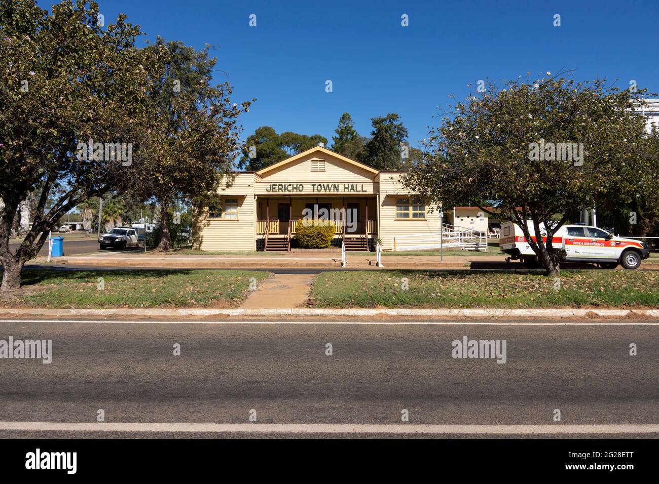 Town hall council building in Jericho, Western Queensland, built of weatherboard in the old Queenslander style. Stock Photo