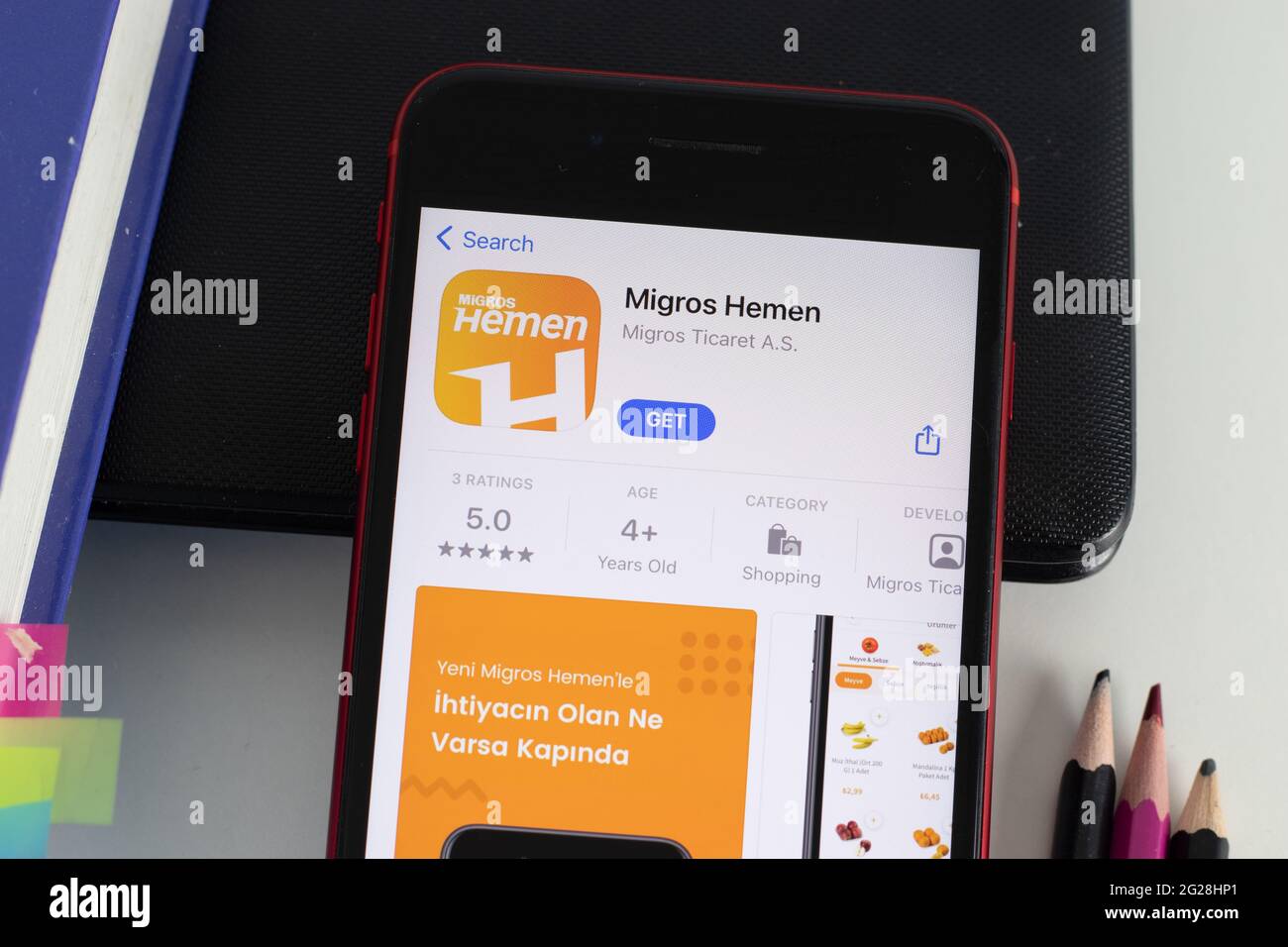 New York, USA - 1 June 2021: Migros Hemen mobile app logo on phone screen, close-up icon, Illustrative Editorial Stock Photo