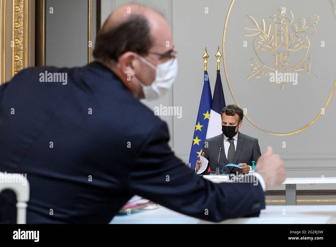 Paris, France. 09th June, 2021. Le president Emmanuel Macron, le premier ministre Jean Castex French president Emmanuel Macron during a cabinet meeting at Elysee palace in Paris on june 9th 2021 Photo by Stephane Lemouton/Pool/ABACAPRESS.COM Credit: Abaca Press/Alamy Live News Stock Photo