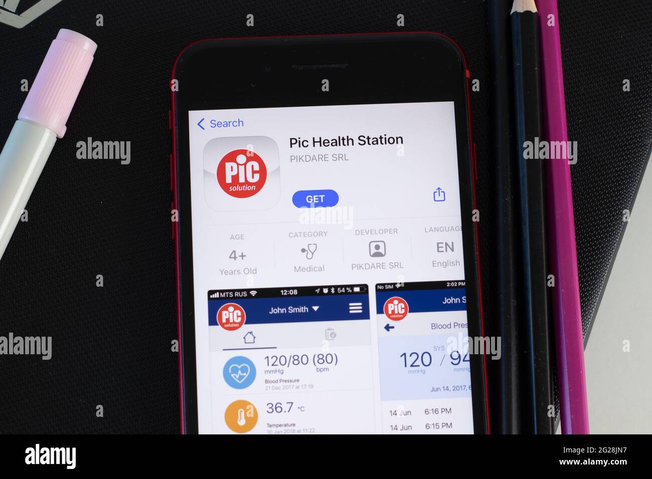 New York, USA - 1 June 2021: Pic Health Station mobile app logo on phone screen, close-up icon, Illustrative Editorial Stock Photo