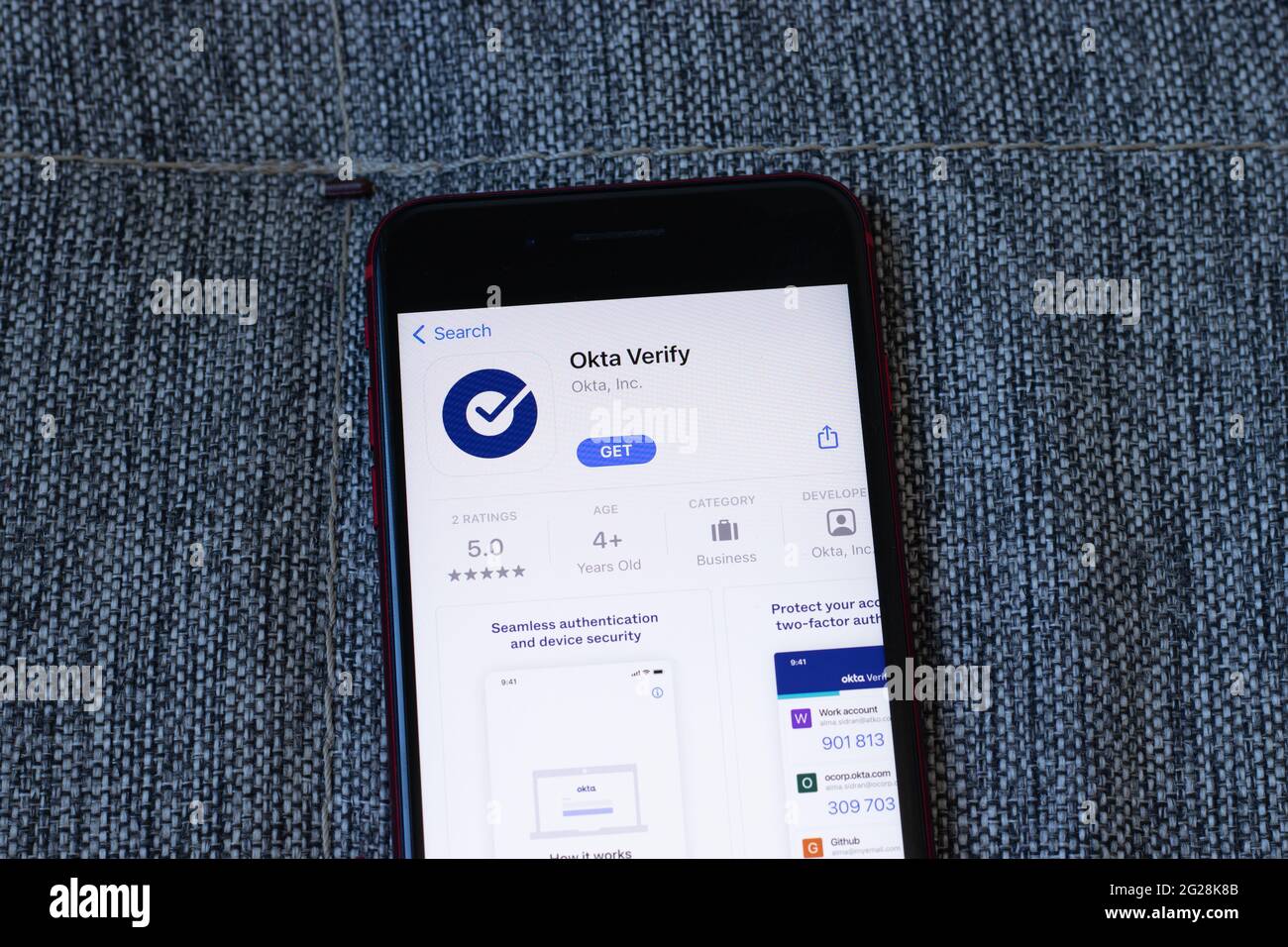 New York, USA - 1 June 2021: Okta Verify mobile app logo on phone screen, close-up icon, Illustrative Editorial Stock Photo