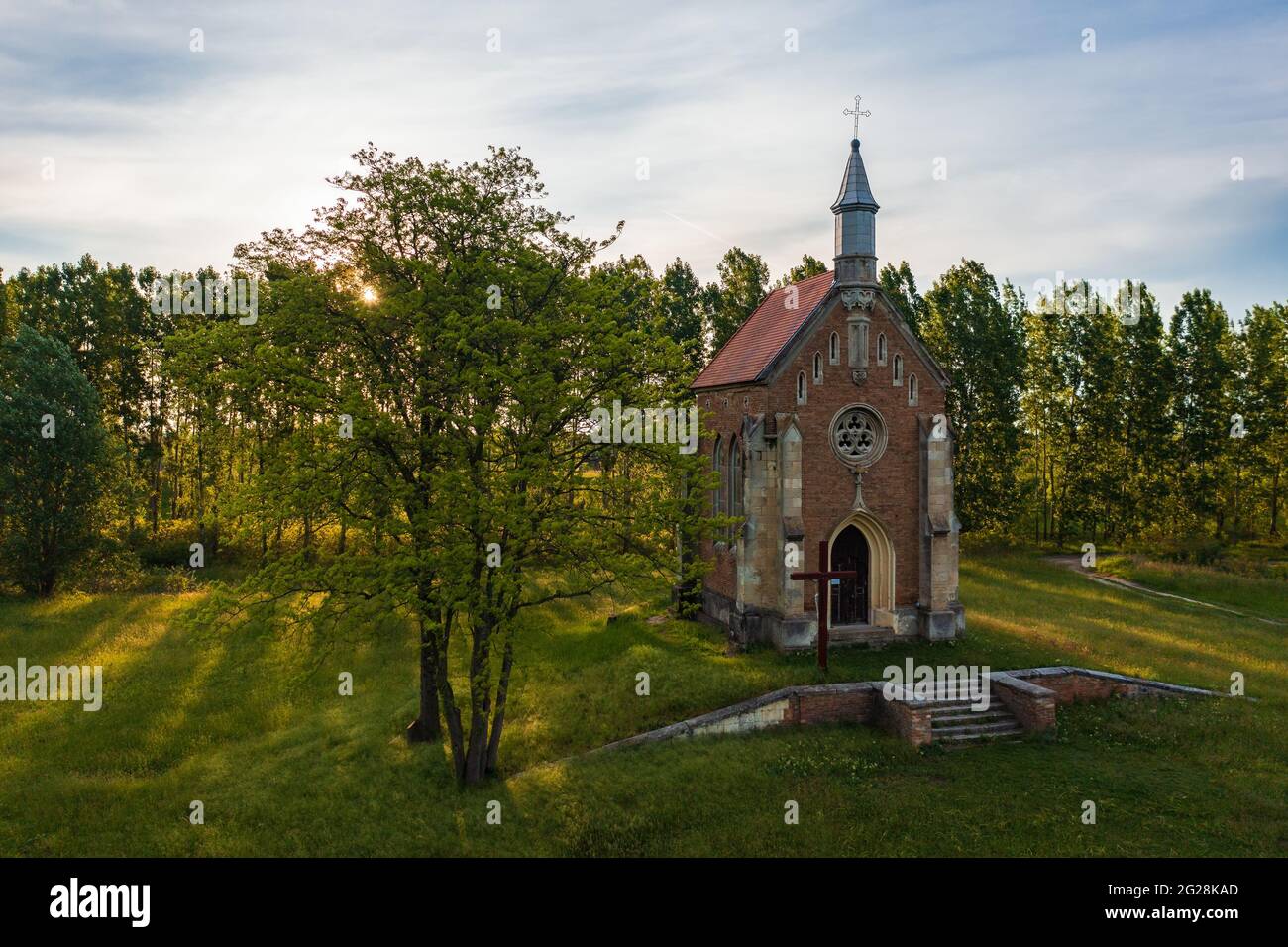 Lórév, Hungary - Aerial view about Zichy Chapel which located in an idyllic location in the floodplain of the Danube. Stock Photo